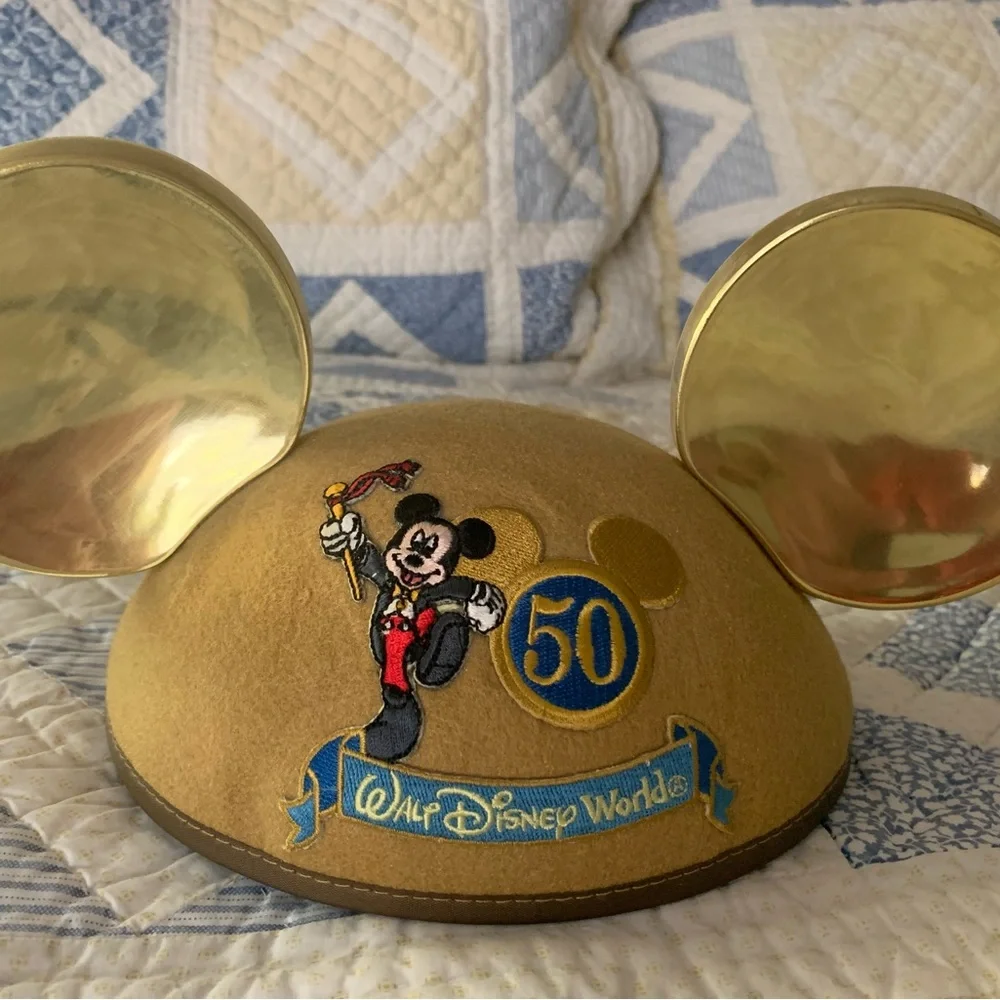Vintage Walt Disney World Gold Mickey Mouse Ears Celebration Cap Hat Size Adult